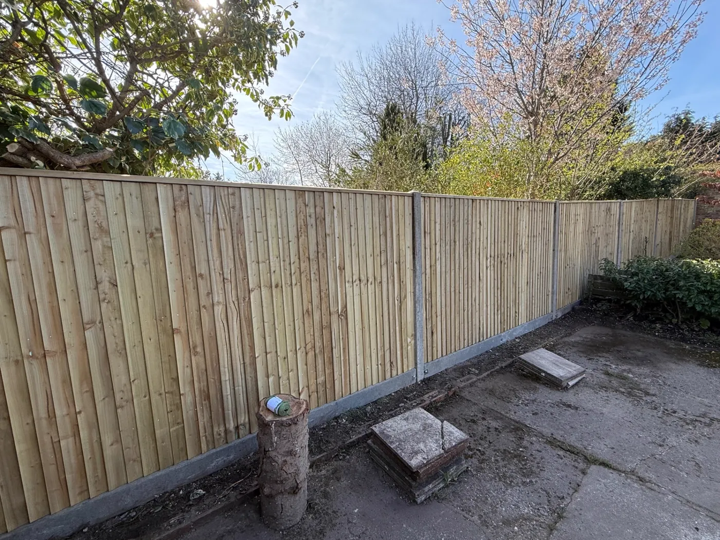 Feather edge closeboard fence with concrete posts along a garden boundary